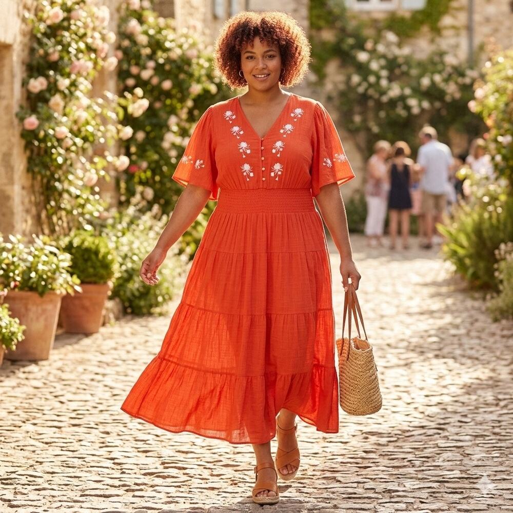 Kings Road 3X Red/Orange Embroidered Tiered Maxi Dress Boho Cottagecore Plus